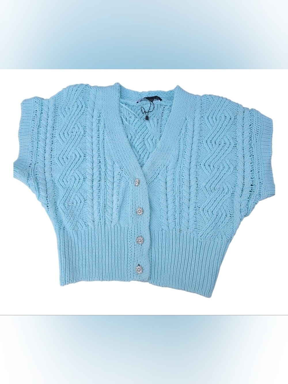 Zara Women’s Size S Blue Crochet Knit Short Sleeve Blouse